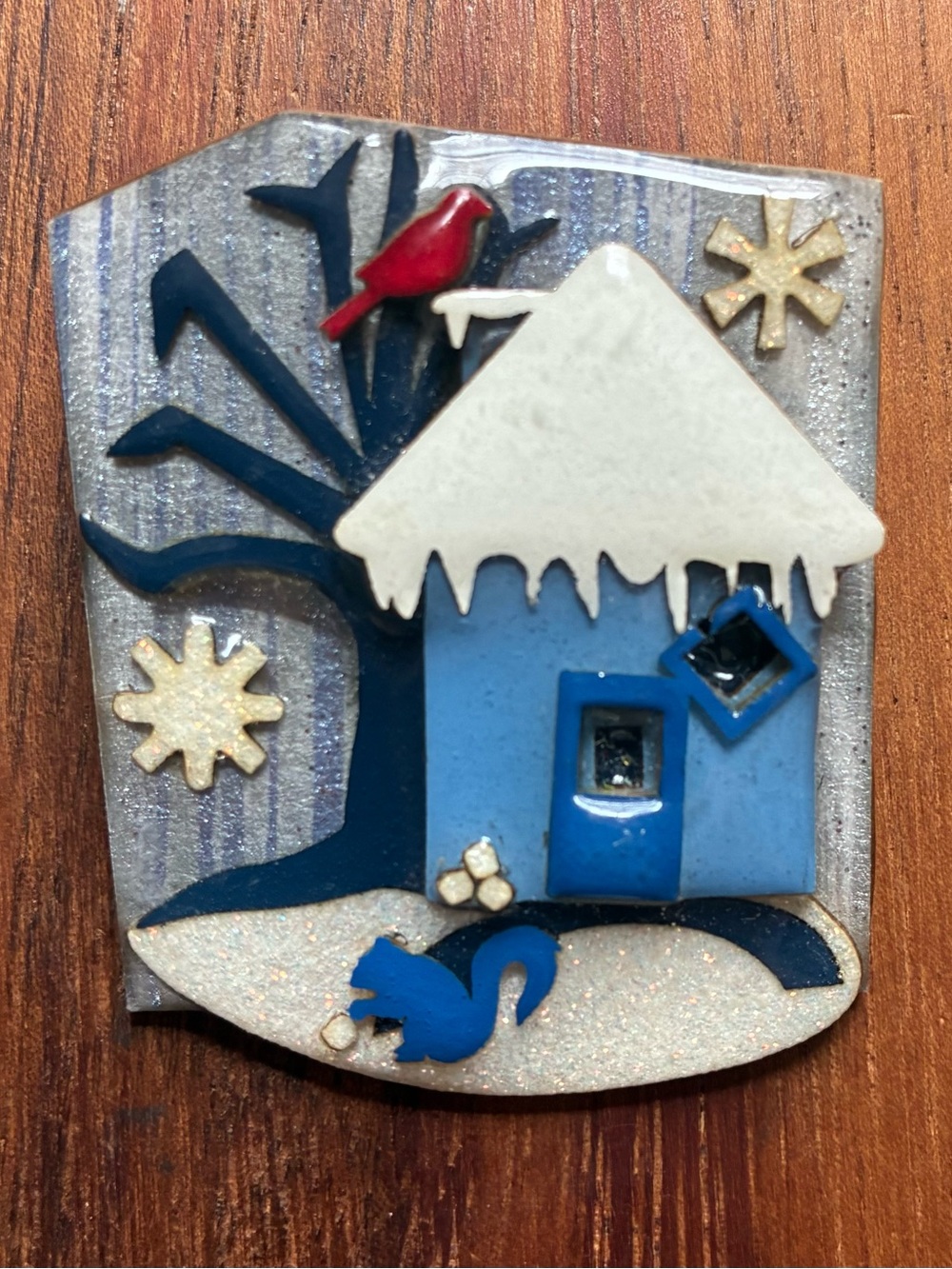 VTG Lucinda Blue Winter Cottage Brooch with Red Cardinal Accent Squirrel